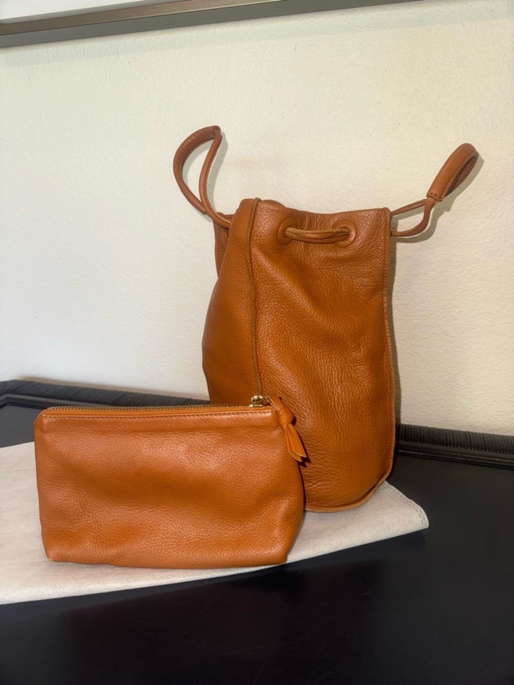 Bottega Veneta Cognac Pebbled Leather Bucket Crossbody with Zip Pouch